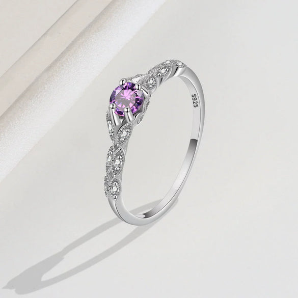 S925 Sterling Silver Women's Geometric Amethyst Zircon Ring Simple Fashion Electroplated Gemstone Jewelry