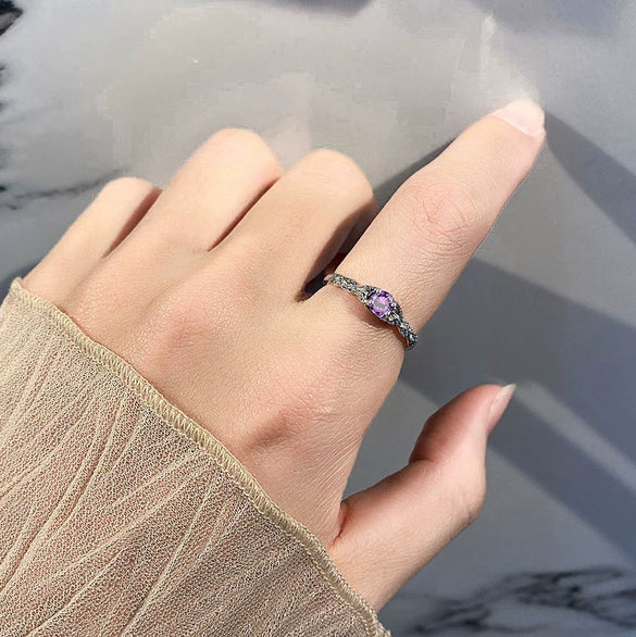 S925 Sterling Silver Women's Geometric Amethyst Zircon Ring Simple Fashion Electroplated Gemstone Jewelry