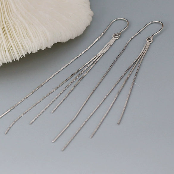 S925 Sterling Silver Women's Geometric Long Tassel Earrings Simple Elegant Lightweight Luxury Style