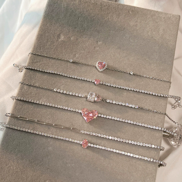 S925 Sterling Silver Women's Pink Heart Zircon Row Diamond Design Electroplated Tennis Bracelet