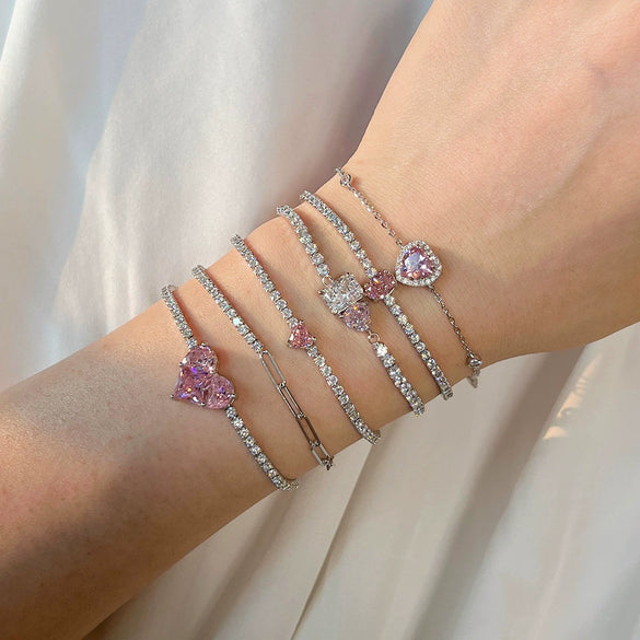 S925 Sterling Silver Women's Pink Heart Zircon Row Diamond Design Electroplated Tennis Bracelet