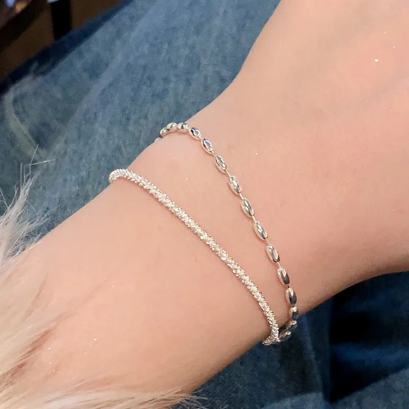 S925 Silver Bracelet Girls Niche High-End Sense New Gimmel Double-Layer Bracelet Bracelet Bracelet Exquisite Rice Grain Hand Jewelry