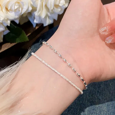 S925 Silver Bracelet Girls Niche High-End Sense New Gimmel Double-Layer Bracelet Bracelet Bracelet Exquisite Rice Grain Hand Jewelry