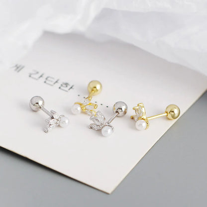 S925 Silver Horse Eye Zircon Screw Pearl Earrings Wholesale