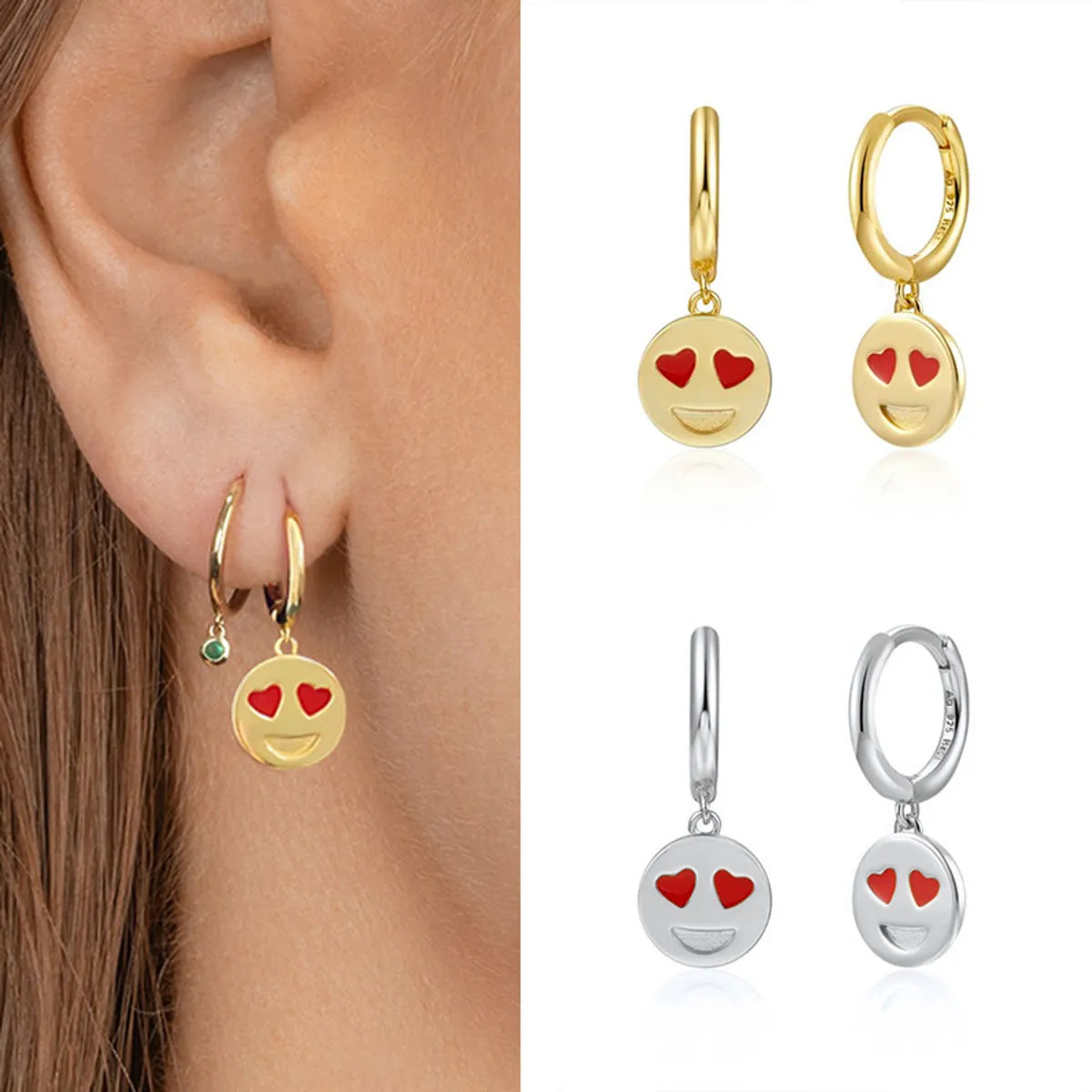 S925 Silver Needle Peach Heart Eye  Earrings Wild Fashion  Smile Face Ear Buckle Earrings