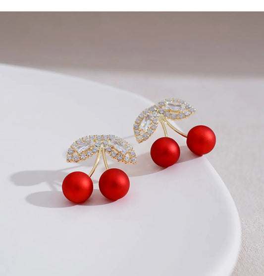 S925 Silver Needle Red Cherries Earrings