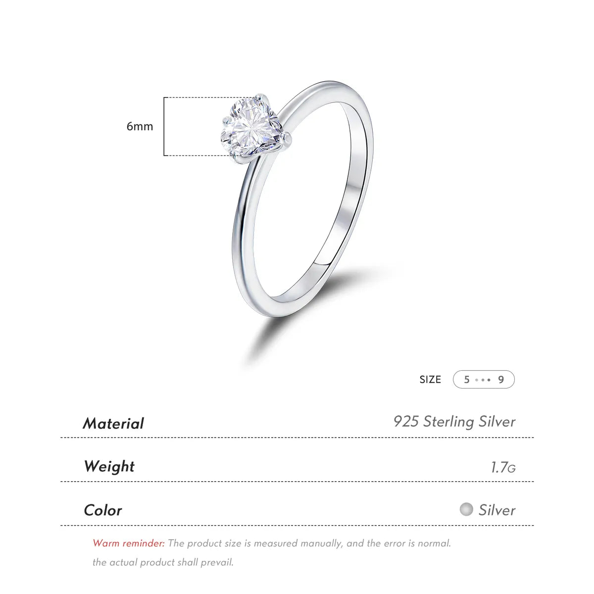 S925 Silver Simple Three-Dimensional Heart Zircon Ring Female