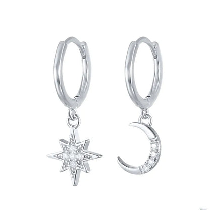 S925 Sterling Silver Fashion Creative Star Moon Asymmetric Ear Clip Earrings