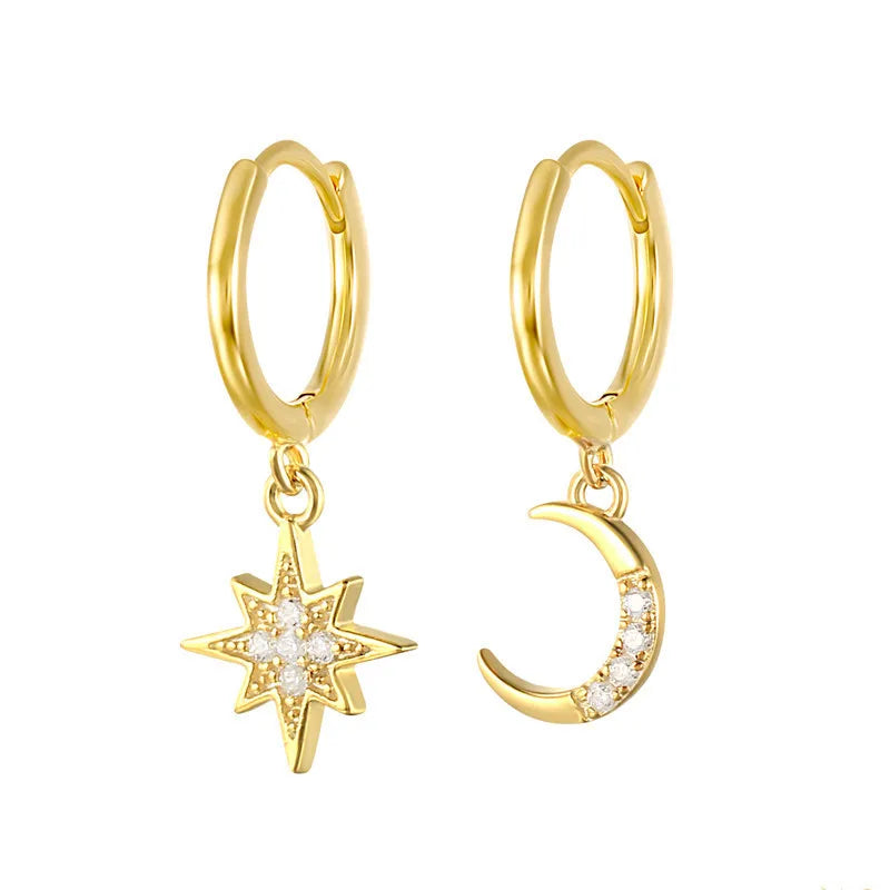 S925 Sterling Silver Fashion Creative Star Moon Asymmetric Ear Clip Earrings