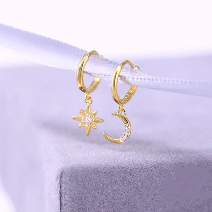 S925 Sterling Silver Fashion Creative Star Moon Asymmetric Ear Clip Earrings