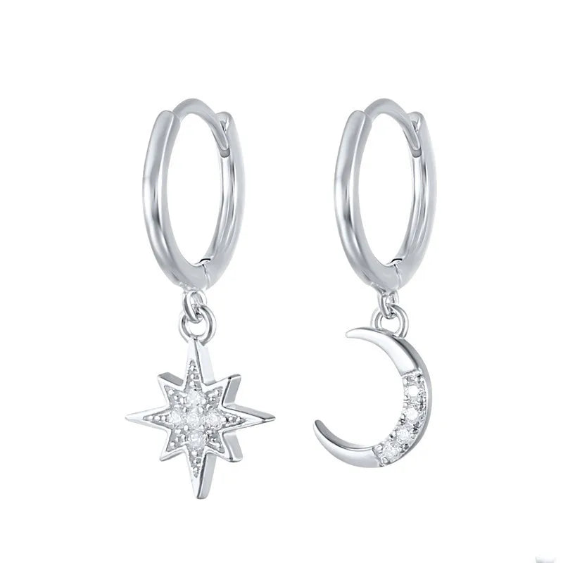 S925 Sterling Silver Fashion Creative Star Moon Asymmetric Ear Clip Earrings