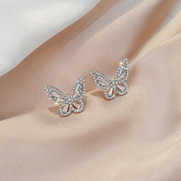 S925 Sterling Silver Needle Retro  Style Butterfly Earrings Rhinestone Glittering Small Earrings New Temperament Super Fairy Earrings Wholesale Gooddiy