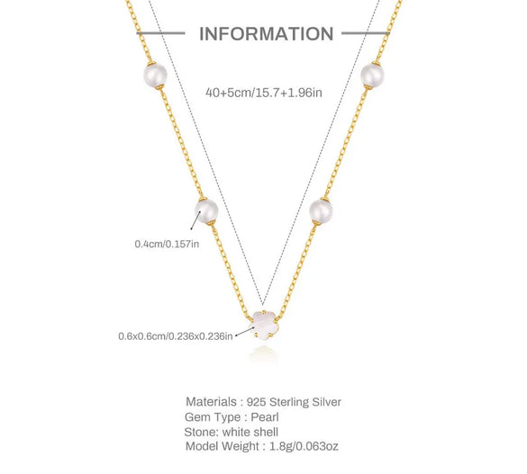 S925 Sterling Silver Pearl Five Petal Flower White Shell Temperament Necklace, Bracelet Set Korean Style Niche High Sense Bracelet Necklace