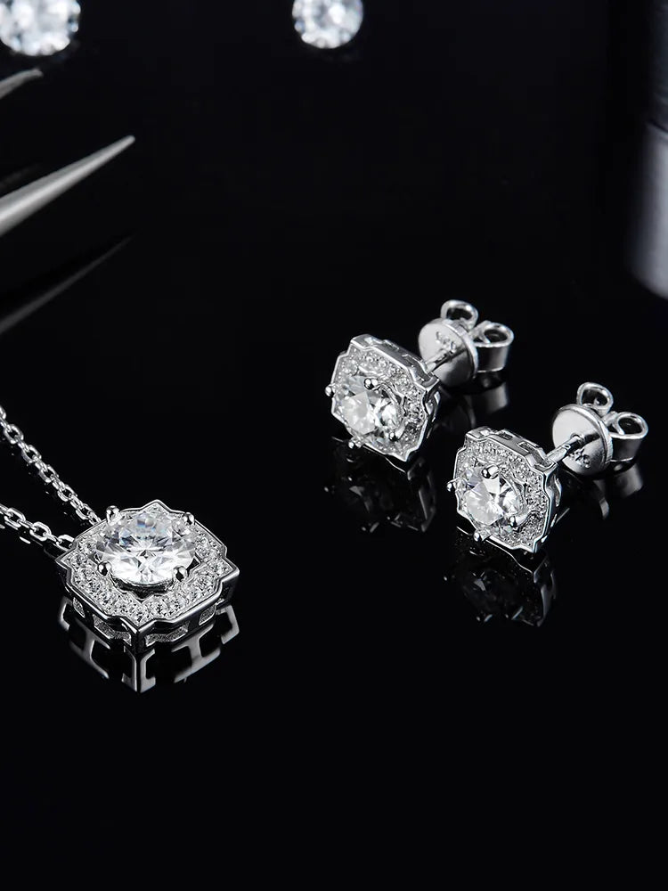 S925 Sterling Silver Rhodium Plated Inlay Round Lab-Grown Diamonds Bracelets Earrings Necklace