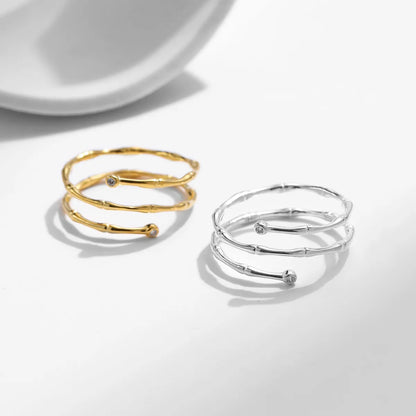 Ig Style Elegant French Style Bamboo Lines Sterling Silver 18k Gold Plated Silver Plated Zircon Open Rings In Bulk