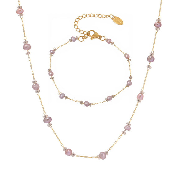 Seamless Freshwater Pearl Titanium Steel Necklace Bracelet Set For Ladies With Electroplating Treatment