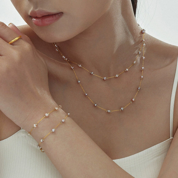 Seamless Freshwater Pearl Titanium Steel Necklace Bracelet Set For Ladies With Electroplating Treatment
