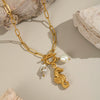 Seaside Leisure Pearl Seahorse Conch Stainless Steel Necklace With Ot Buckle Electroplated In 18K Gold Geometric Style For Women