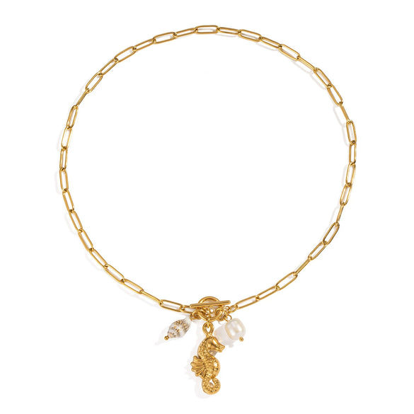 Seaside Leisure Pearl Seahorse Conch Stainless Steel Necklace With Ot Buckle Electroplated In 18K Gold Geometric Style For Women