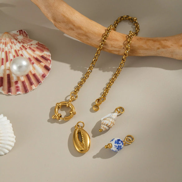 Seaside Ocean Style Conch Crab Claw Ceramic Glaze Handmade Stainless Steel Chain Bracelet With Electroplating For Women