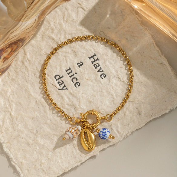 Seaside Ocean Style Conch Crab Claw Ceramic Glaze Handmade Stainless Steel Chain Bracelet With Electroplating For Women