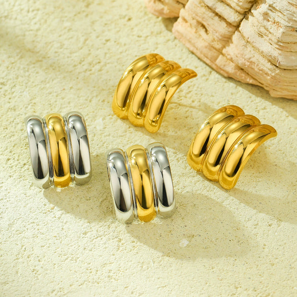 Semicircular Stainless Steel And 18K Gold Geometric Style Electroplated Women's Earrings And Ring