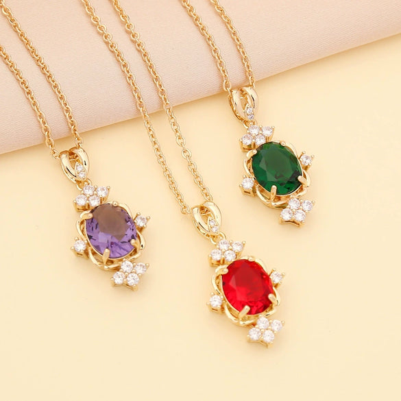 Semiprecious Stone Full Diamond Dropshaped Women's Simple Metal Necklace With Box Chain