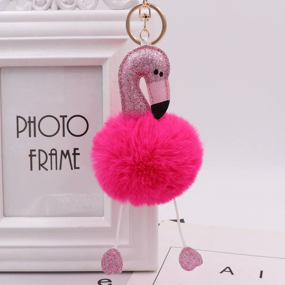 Sequined Flamingo Plush Keychain Glitter Pu Leather Imitation Rex Rabbit Fur Ball Bag Pendant