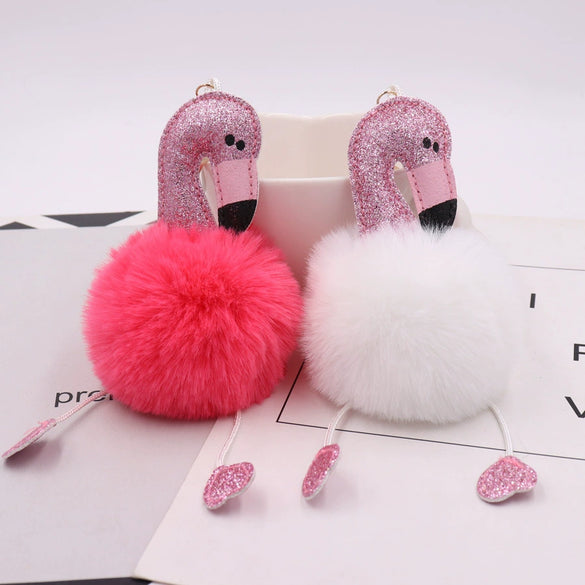Sequined Flamingo Plush Keychain Glitter Pu Leather Imitation Rex Rabbit Fur Ball Bag Pendant