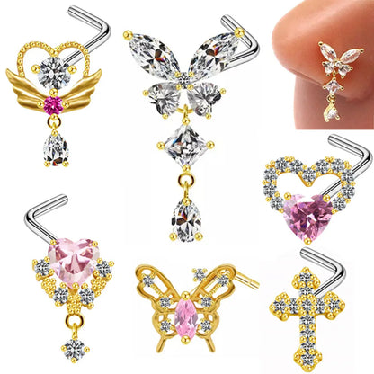 Sexy Cross Heart Shape Butterfly Stainless Steel Titanium Copper Plating Inlay Zircon White Gold Plated Gold Plated Nose Studs