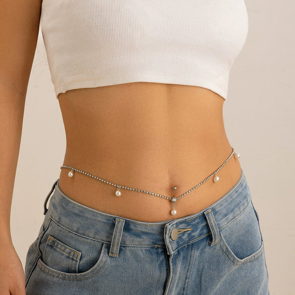 Sexy Rhinestone Tassel Pendant Waist Chain Body Chain Alloy Simple Round Bead For Female