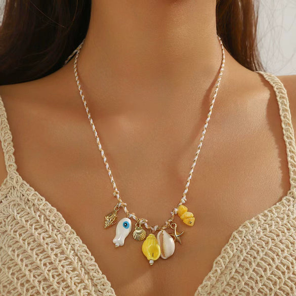 Shell And Ceramic Dopamine Starfish And Fish Pendant Necklace Electroplated Ocean Style For Women