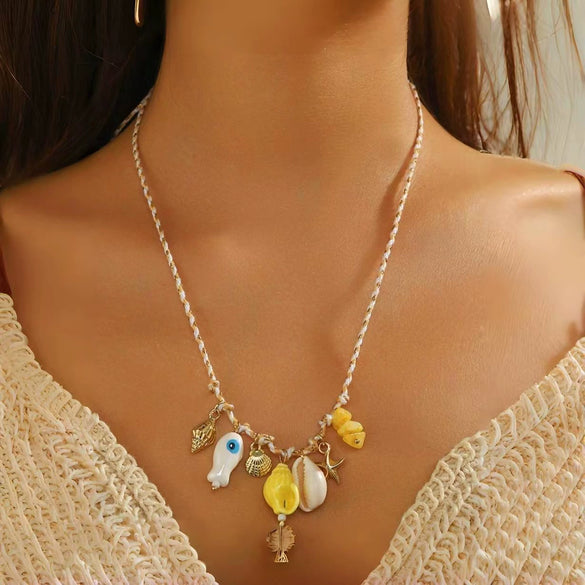 Shell And Ceramic Dopamine Starfish And Fish Pendant Necklace Electroplated Ocean Style For Women