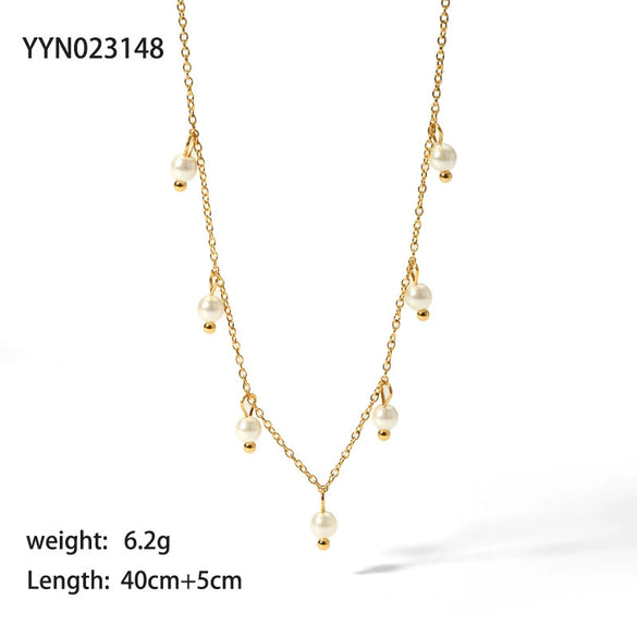 Shell Bead Pearl Necklace For Girls High End Niche Versatile Titanium Steel Pvdp Furnace Real Gold Plated Millet Bead Stainless Steel Cross Chain Necklace With Geometric Design