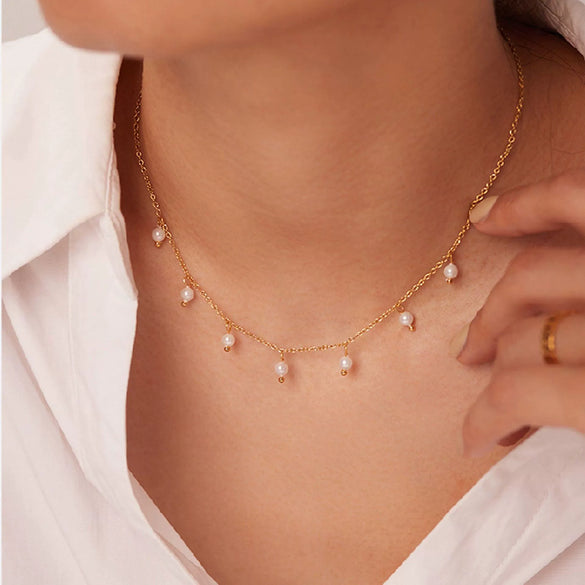 Shell Bead Pearl Necklace For Girls High End Niche Versatile Titanium Steel Pvdp Furnace Real Gold Plated Millet Bead Stainless Steel Cross Chain Necklace With Geometric Design