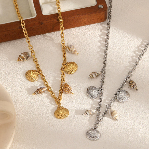 Shell Conch Stainless Steel Women's Fashion Minimalist Geometric O Chain Necklace 18K Gold Plated