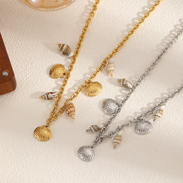 Shell Conch Stainless Steel Women's Fashion Minimalist Geometric O Chain Necklace 18K Gold Plated