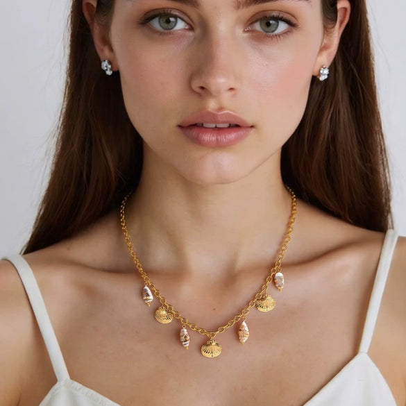 Shell Conch Stainless Steel Women's Fashion Minimalist Geometric O Chain Necklace 18K Gold Plated