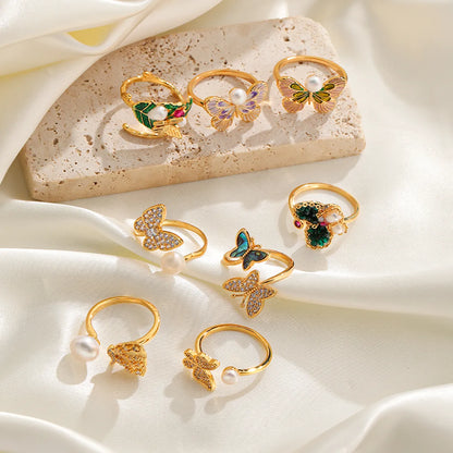 Shell Copper 18K Gold Plated Basic Simple Style Commute Enamel Inlay Butterfly Pearl Shell Zircon Open Rings