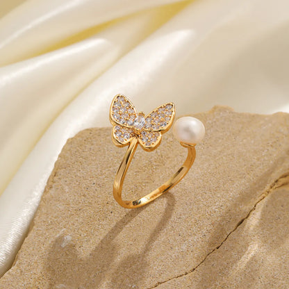 Shell Copper 18K Gold Plated Basic Simple Style Commute Enamel Inlay Butterfly Pearl Shell Zircon Open Rings