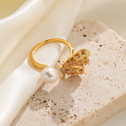 Shell Copper 18K Gold Plated Basic Simple Style Commute Enamel Inlay Butterfly Pearl Shell Zircon Open Rings