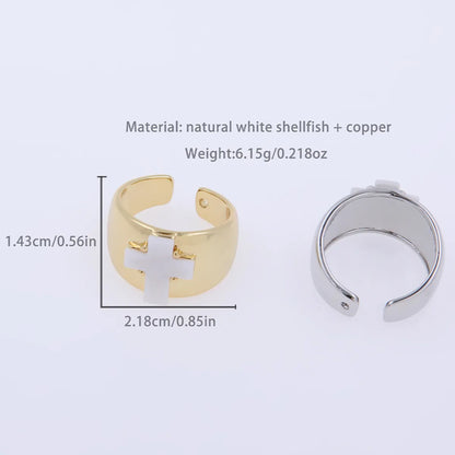 Shell Copper 18K Gold Plated White Gold Plated Simple Style Shiny Metallic Inlay Cross Shell Wide Band Rings Open Rings