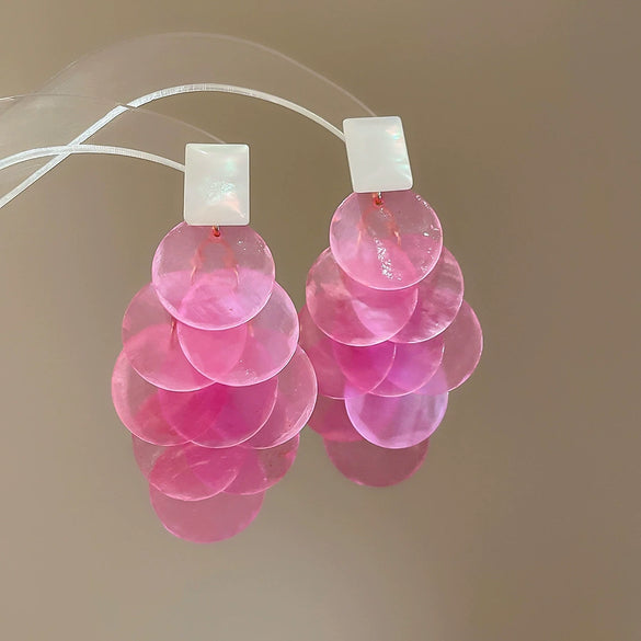 Shell Handmade Geometric Round Tassel Earrings For Women Light Luxury Sweet Small Fresh All Match