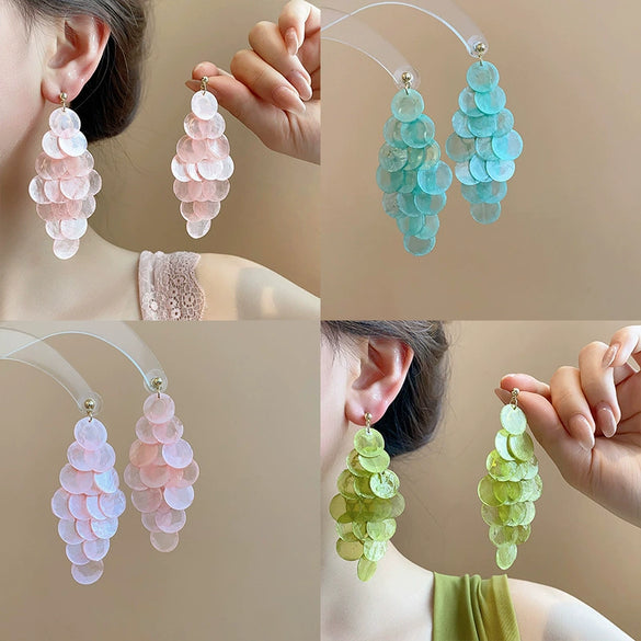 Shell Handmade Geometric Round Tassel Earrings For Women Light Luxury Sweet Small Fresh All Match