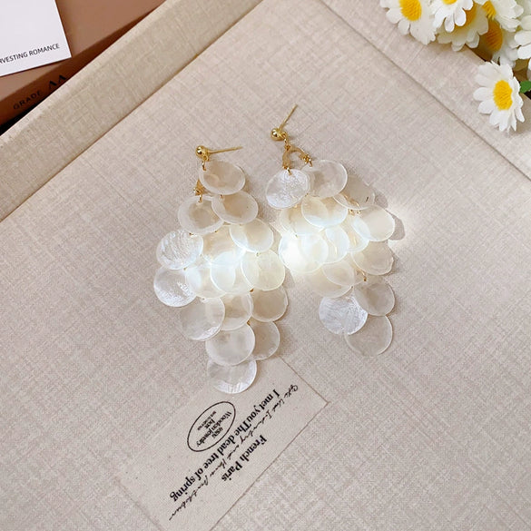 Shell Handmade Geometric Round Tassel Earrings For Women Light Luxury Sweet Small Fresh All Match