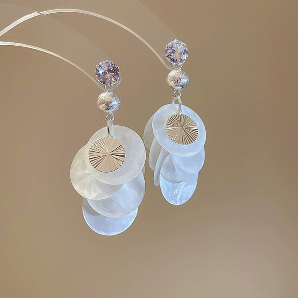 Shell Handmade Geometric Round Tassel Earrings For Women Light Luxury Sweet Small Fresh All Match