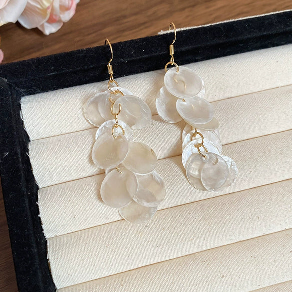 Shell Handmade Geometric Round Tassel Earrings For Women Light Luxury Sweet Small Fresh All Match