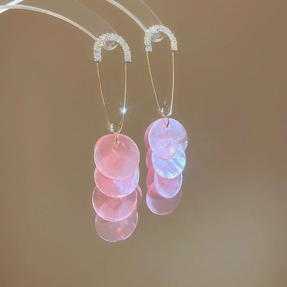 Shell Handmade Geometric Round Tassel Earrings For Women Light Luxury Sweet Small Fresh All Match