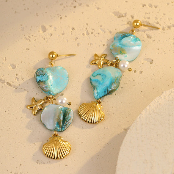Shell Starfish Stainless Steel Tassel Pearl Pendant Earrings Jewelry Electroplating Women's Vacation Style
