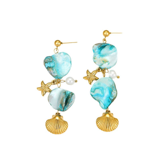 Shell Starfish Stainless Steel Tassel Pearl Pendant Earrings Jewelry Electroplating Women's Vacation Style